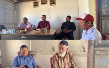 PJ Kepala Desa Tikong, Husdin Lakilo S.Pd. di dampigi ketua BPD Tikong, Ketua BPD Nunu, Sekertaris Desa Tikong bersama Bpk. Abang dan saudaranya di Kantor Desa Tikong ssaat Forum Mediasi Masalah Tanah anatara Hj Siti Ania dan Keluarga Mendiang La Dahuna berlangsung di kantor Desa Tikong. (Foto/Tajuksatu.id)